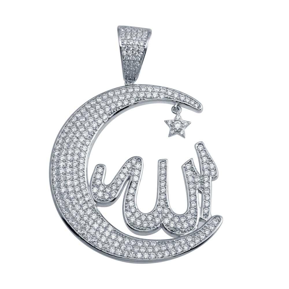 Rhodium Plated 925 Sterling Silver Allah Crescent Hip Hop Pendant - SLP00015