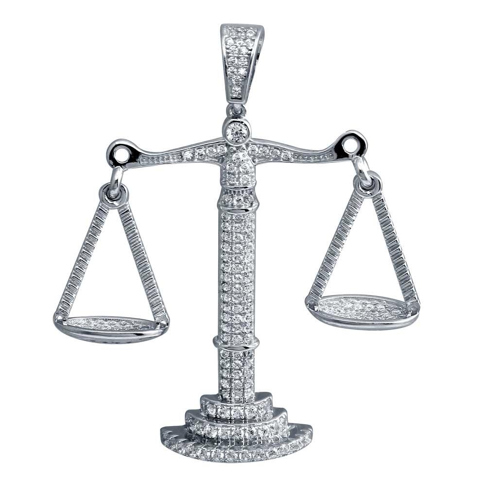 Rhodium Plated 925 Sterling Silver CZ Libra Scale Hip Hop Pendant - SLP00022