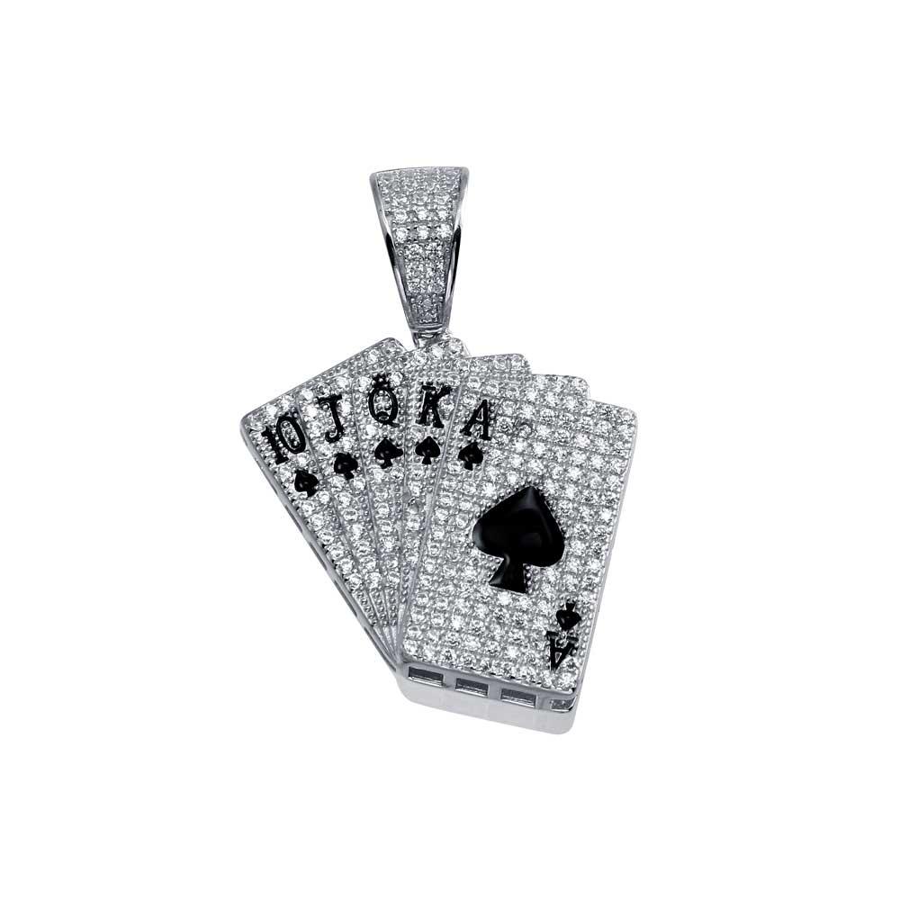 Rhodium Plated 925 Sterling Silver CZ Royal Flush Hip Hop Pendant - SLP00023