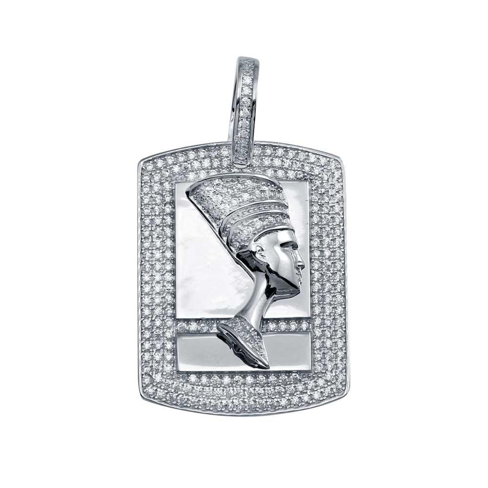 Rhodium Plated 925 Sterling Silver CZ Egyptian Nefertiti Hip Hop Pendant - SLP00025