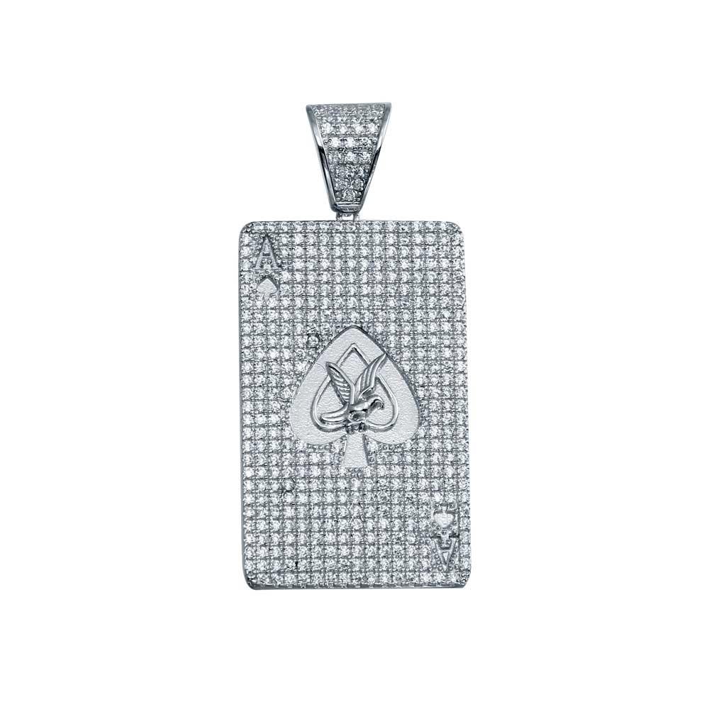 Rhodium Plated 925 Sterling Silver CZ Ace Card Hip Hop Pendant - SLP00026