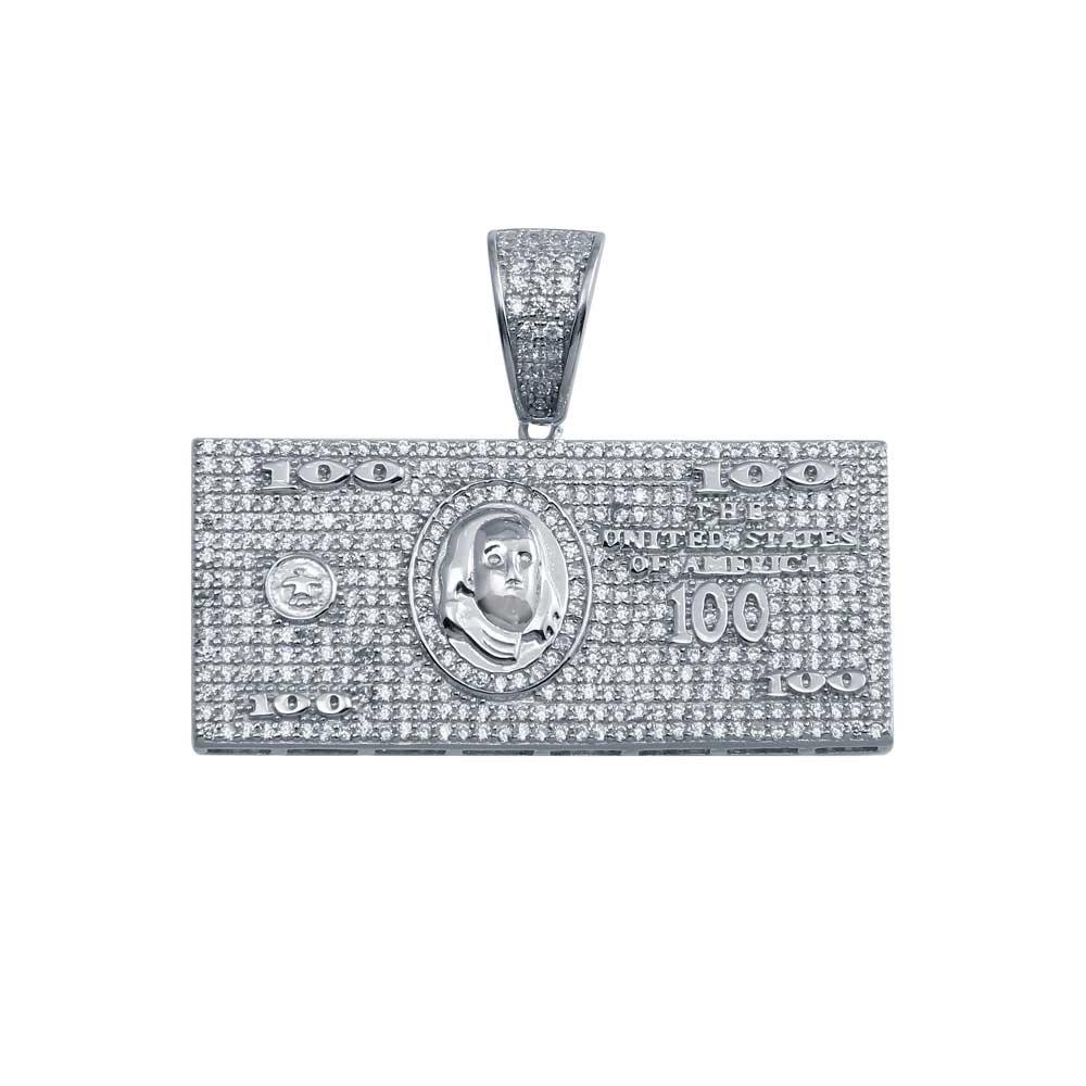 Rhodium Plated 925 Sterling Silver CZ Hundred Dollar Bill Hip Hop Pendant - SLP00028