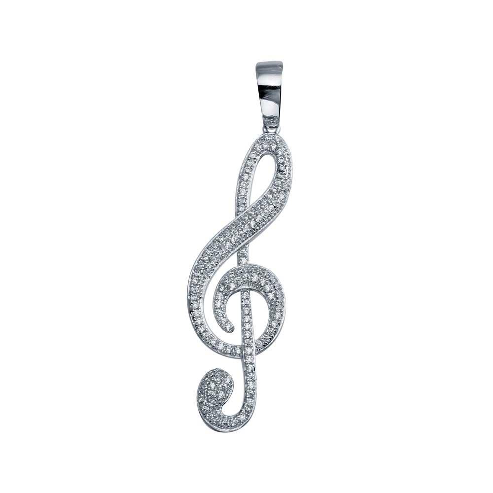 Rhodium Plated 925 Sterling Silver Treble Clef Musical Note Hip Hop Pendant - SLP00031