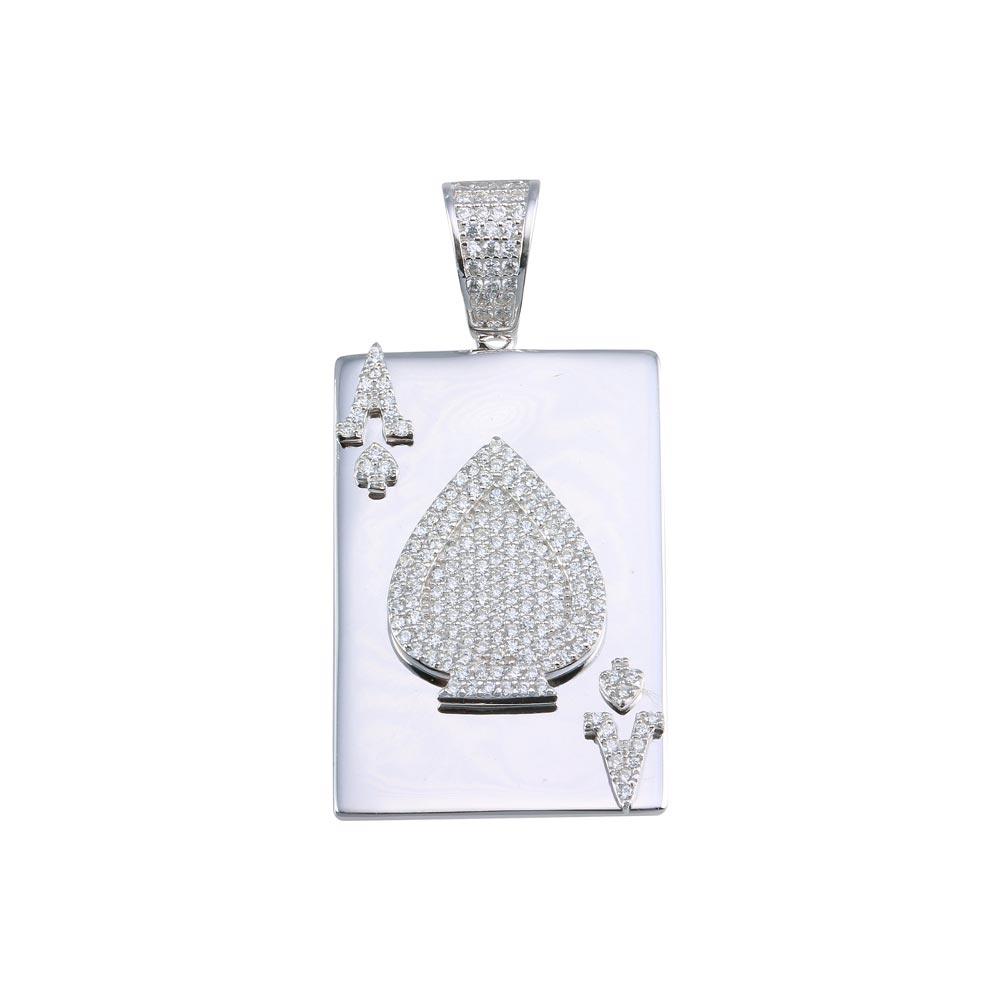 Rhodium Plated 925 Sterling Silver Ace of Spades Card Hip Hop Pendant - SLP00032