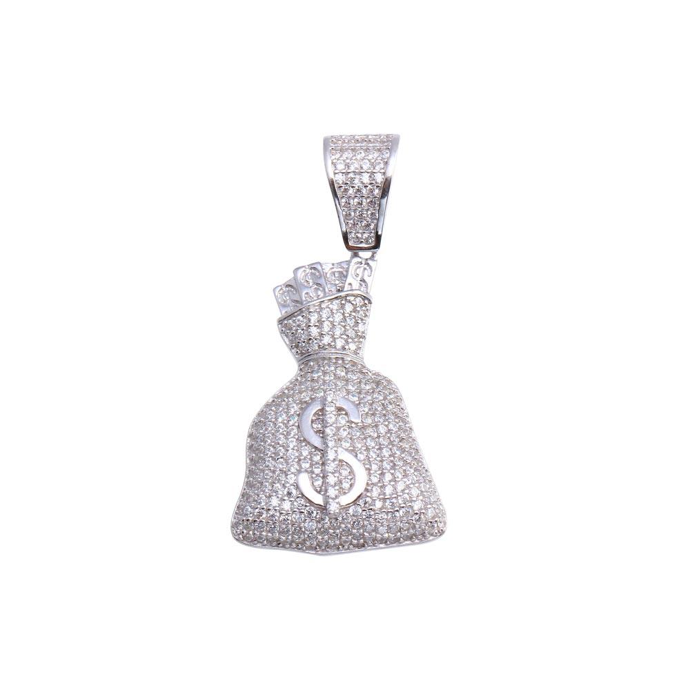 Rhodium Plated 925 Sterling Silver Money Bag Hip Hop Pendant - SLP00034