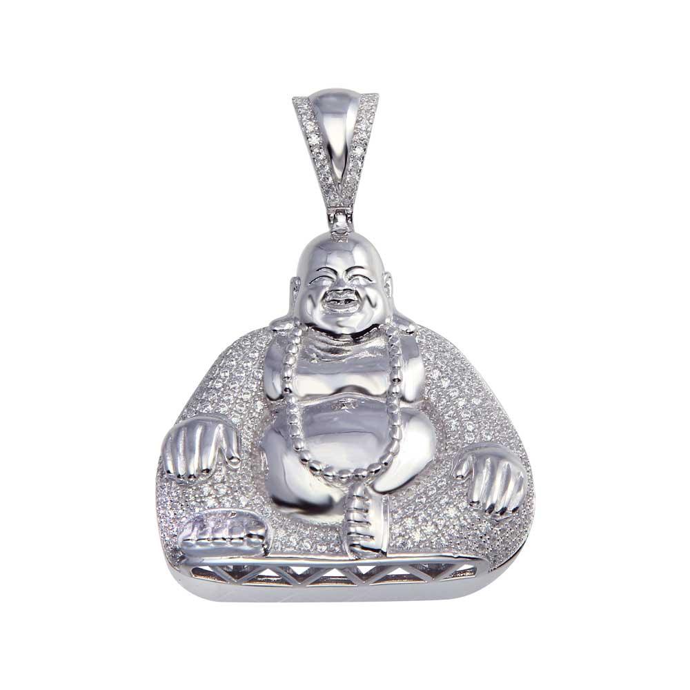 Rhodium Plated 925 Sterling Silver CZ Laughing Buddha Hip Hop Pendant - SLP00040.