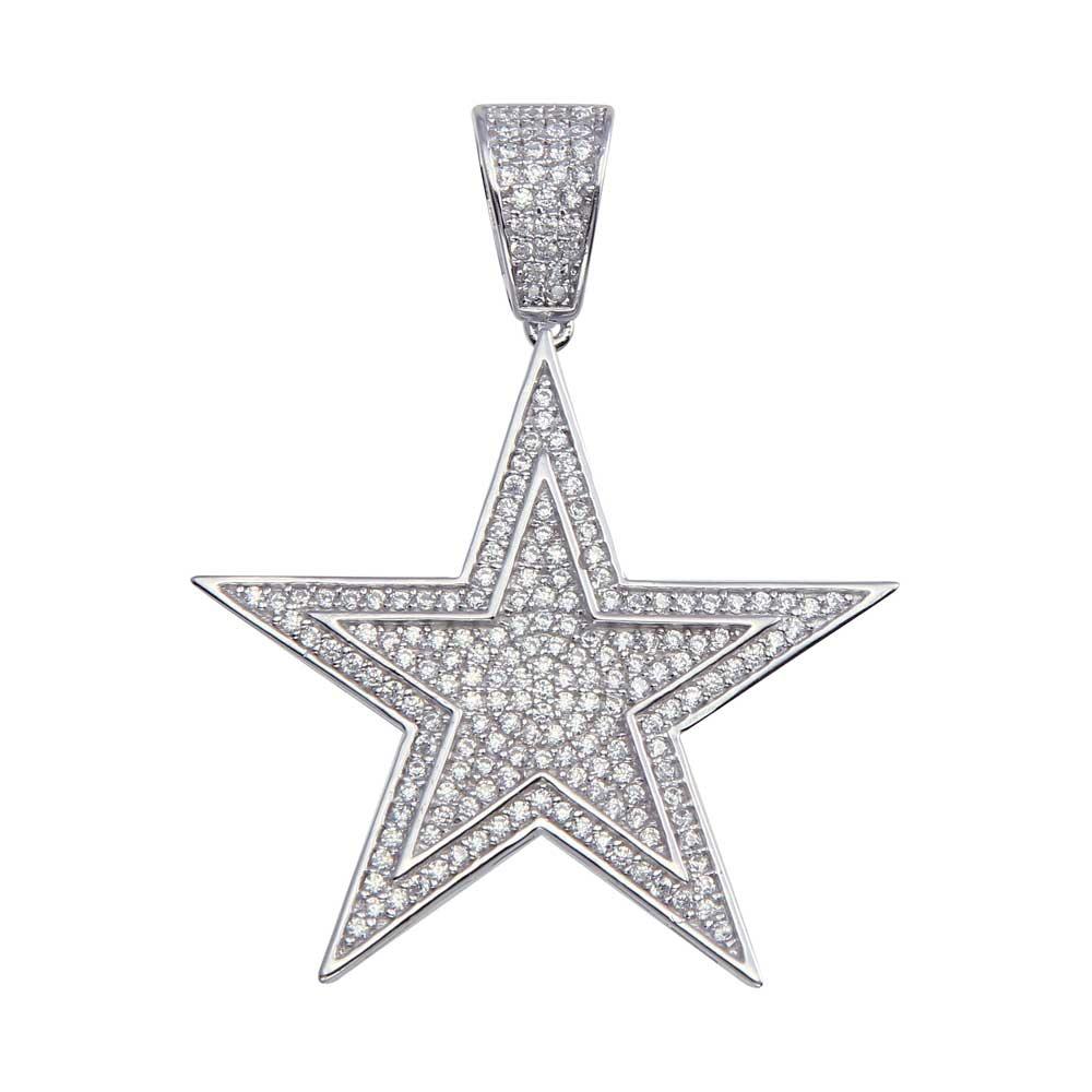 Rhodium Plated 925 Sterling Silver CZ Star Hip Hop Pendant - SLP00044.