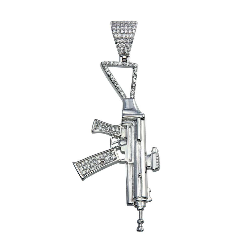 Rhodium Plated 925 Sterling Silver CZ Gun Hip Hop Pendant - SLP00046.