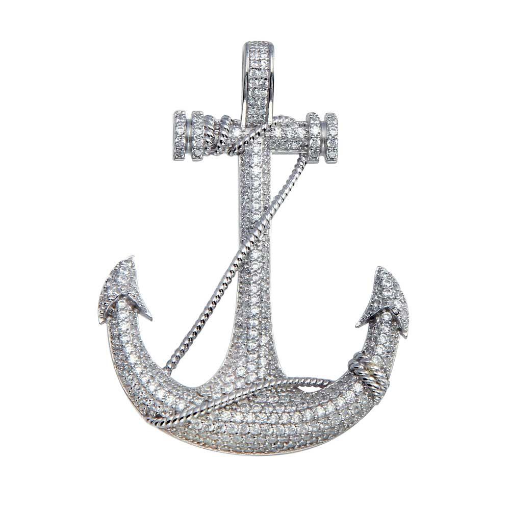 Rhodium Plated 925 Sterling Silver CZ Anchor Hip Hop Pendant - SLP00047.