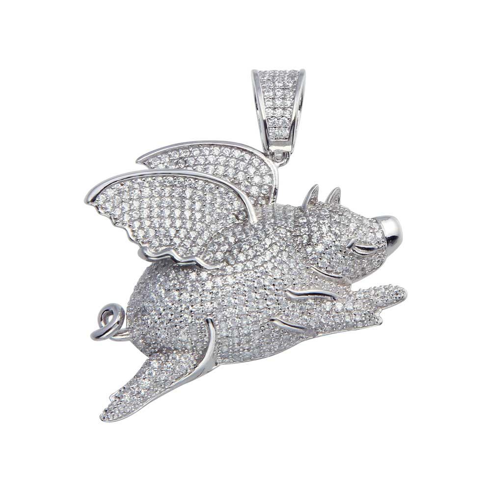 Rhodium Plated 925 Sterling Silver CZ Flying Pig Hip Hop Pendant - SLP00051