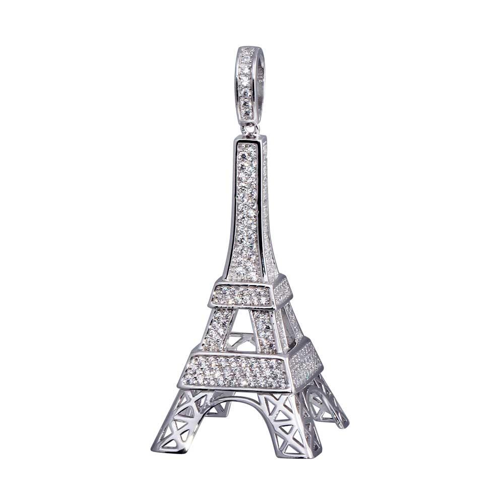 Rhodium Plated 925 Sterling Silver CZ Eiffel Tower Hip Hop Pendant - SLP00053