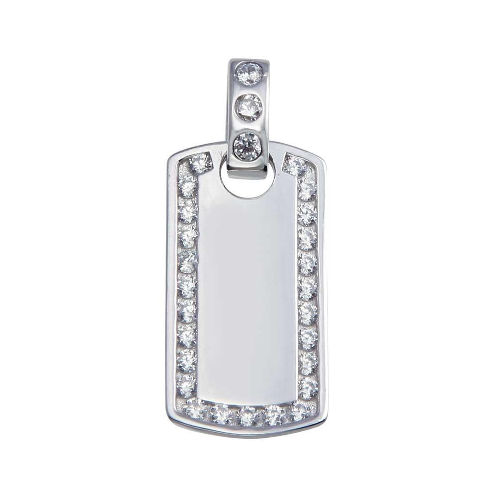 Rhodium Plated 925 Sterling Silver CZ Dog Tag Hip Hop Pendant - SLP00054