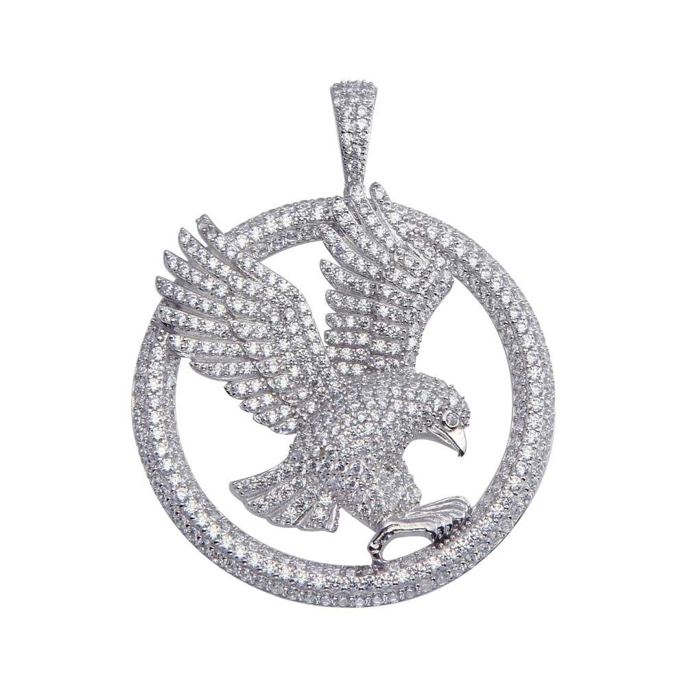 Rhodium Plated 925 Sterling Silver CZ Bald Eagle Hip Hop Pendant - SLP00151RH