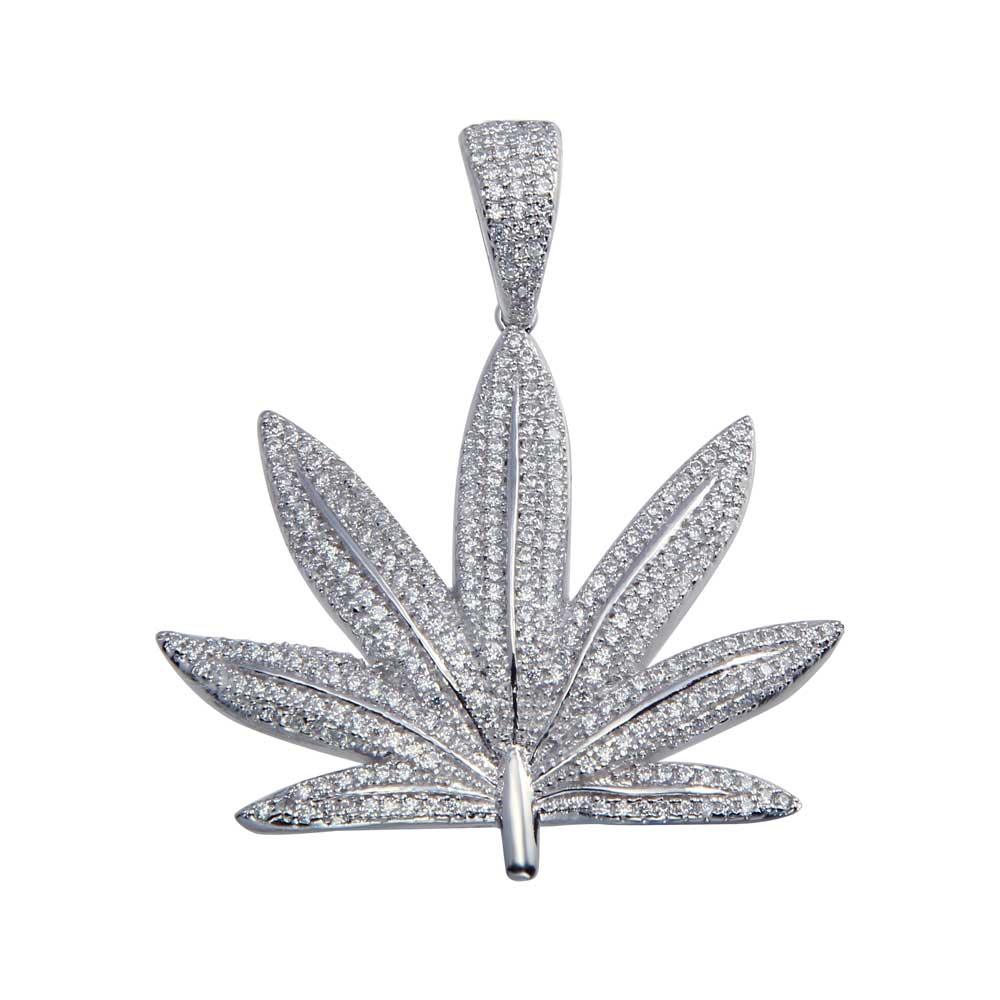 Rhodium Plated 925 Sterling Silver CZ Marijuana Leaf Hip Hop Pendant - SLP00057