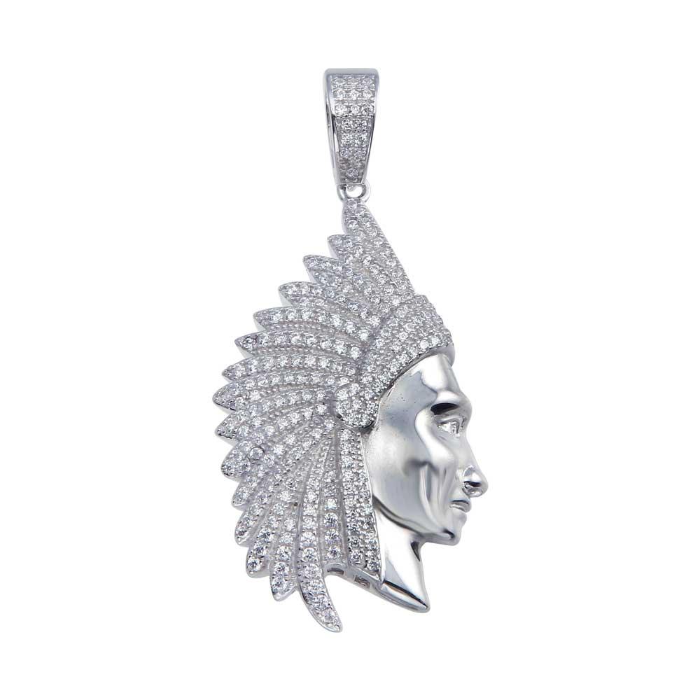 Rhodium Plated 925 Sterling Silver CZ Native American Chief Hip Hop Pendant - SLP00059