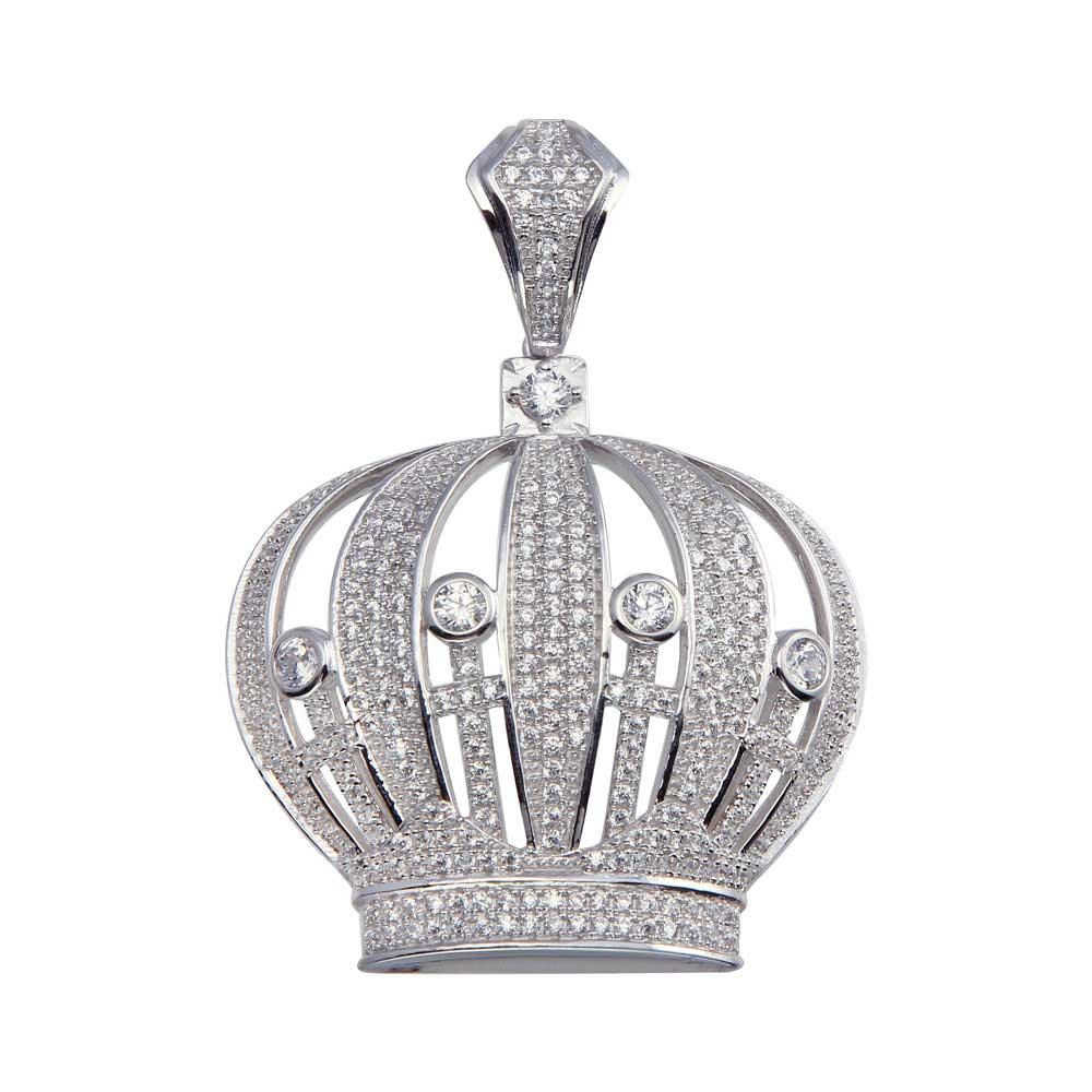 Rhodium Plated 925 Sterling Silver CZ Crown Hip Hop Pendant - SLP00060.