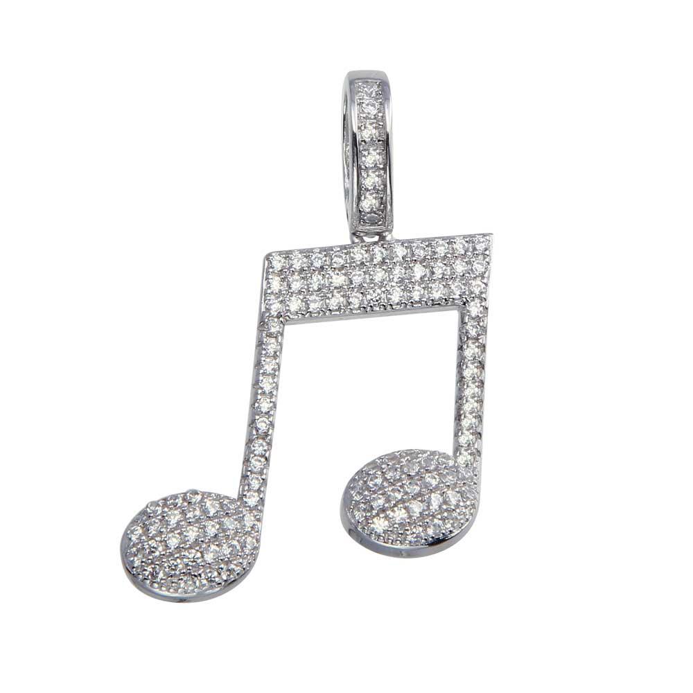 Rhodium Plated 925 Sterling Silver CZ Music Note Hip Hop Pendant - SLP00063.