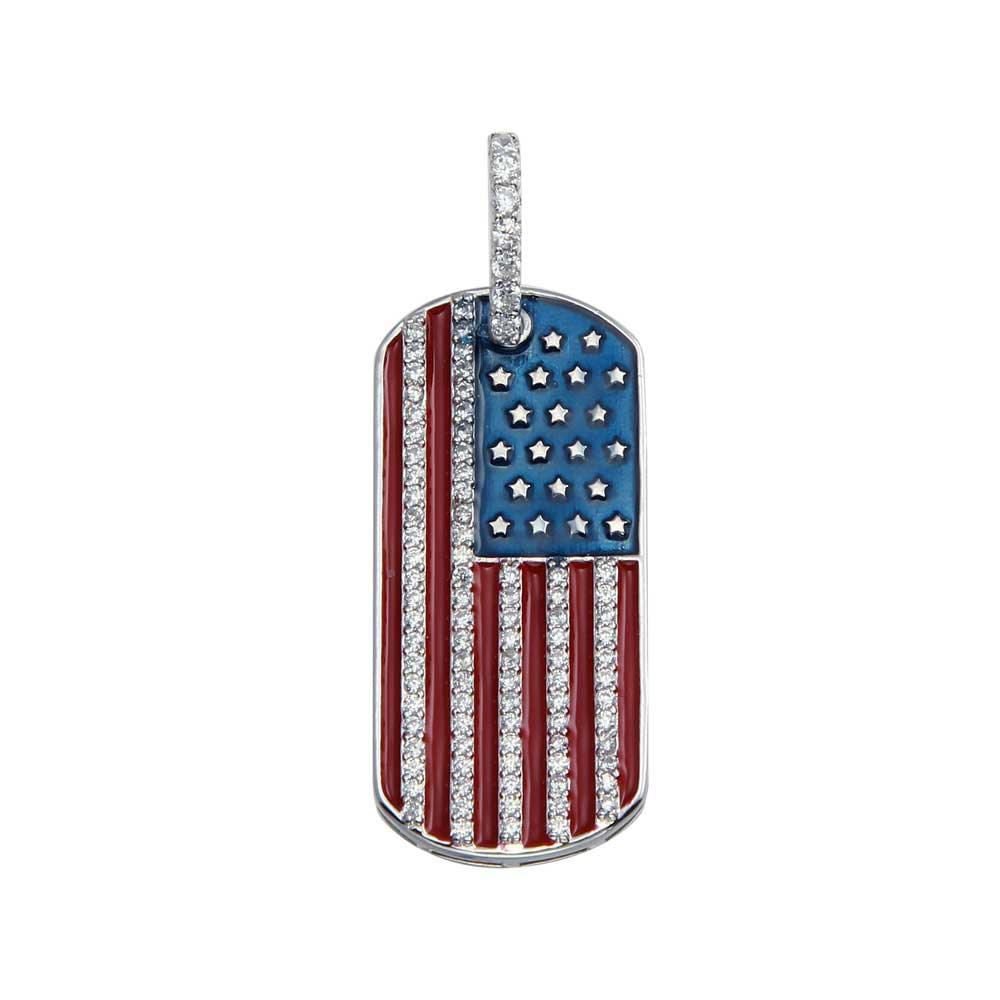 Rhodium Plated 925 Sterling Silver CZ American Flag Dog Tag Hip Hop Pendant - SLP00064.