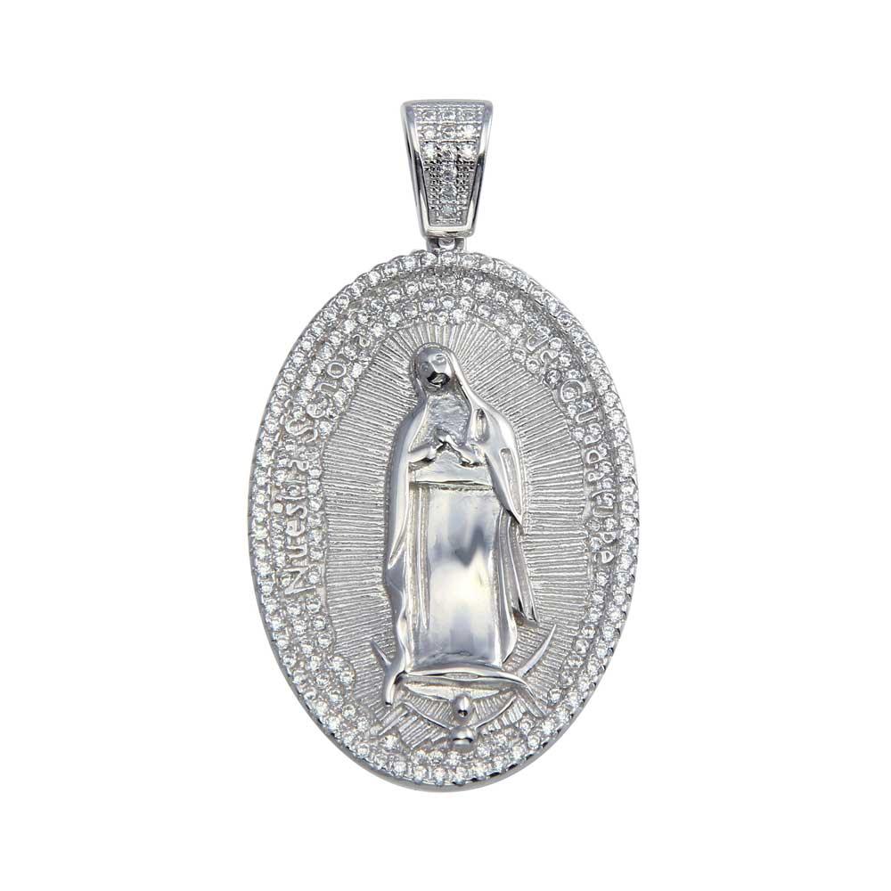 Rhodium Plated 925 Sterling Silver CZ Lady of Guadalupe Hip Hop Pendant - SLP00065.