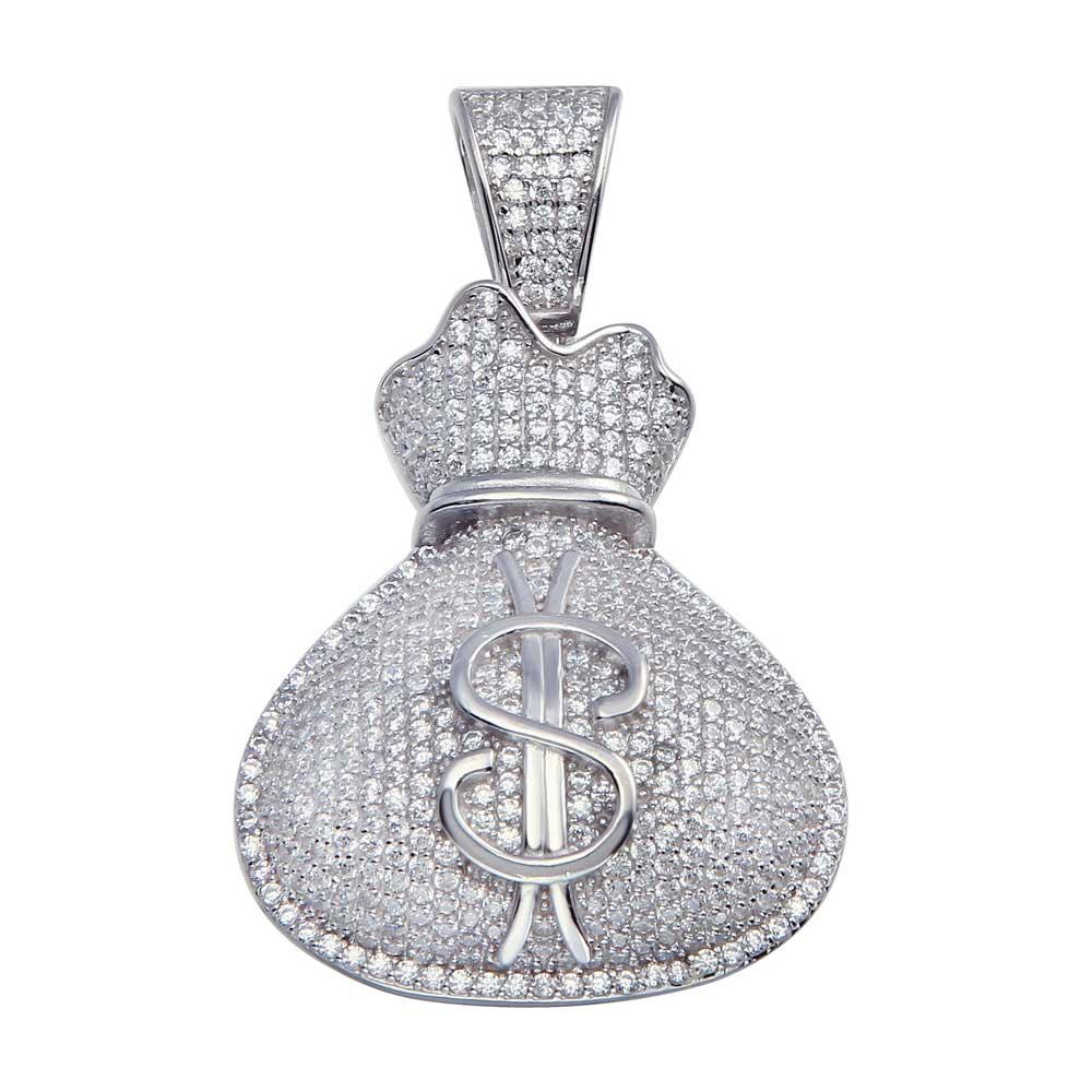 Rhodium Plated 925 Sterling Silver CZ Money Bag Hip Hop Pendant - SLP00066.