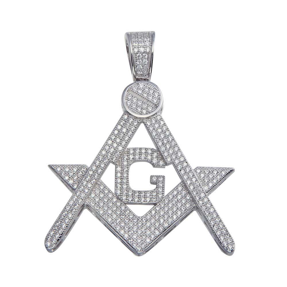 Rhodium Plated 925 Sterling Silver CZ Masonic Symbol Hip Hop Pendant - SLP00069.