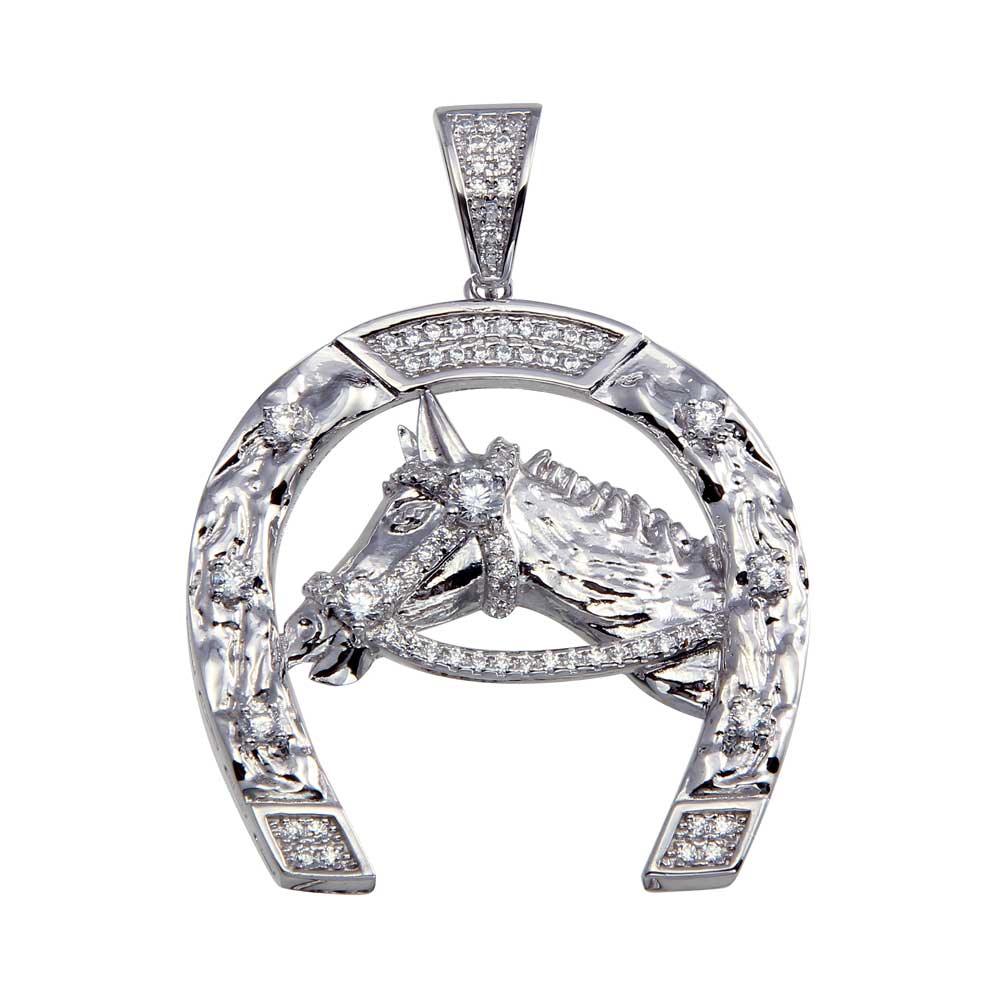 Rhodium Plated 925 Sterling Silver Horse and Horseshoe Hip Hop Pendant - SLP00073