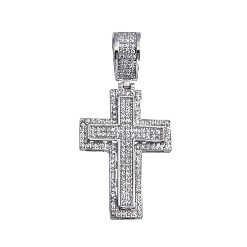 Rhodium Plated 925 Sterling Silver CZ Cross Bordered Hip Hop Pendant - SLP00075