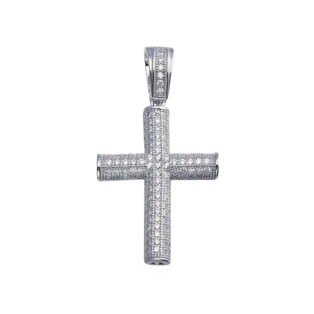 Rhodium Plated 925 Sterling Silver CZ Tube Cross Hip Hop Pendant - SLP00076