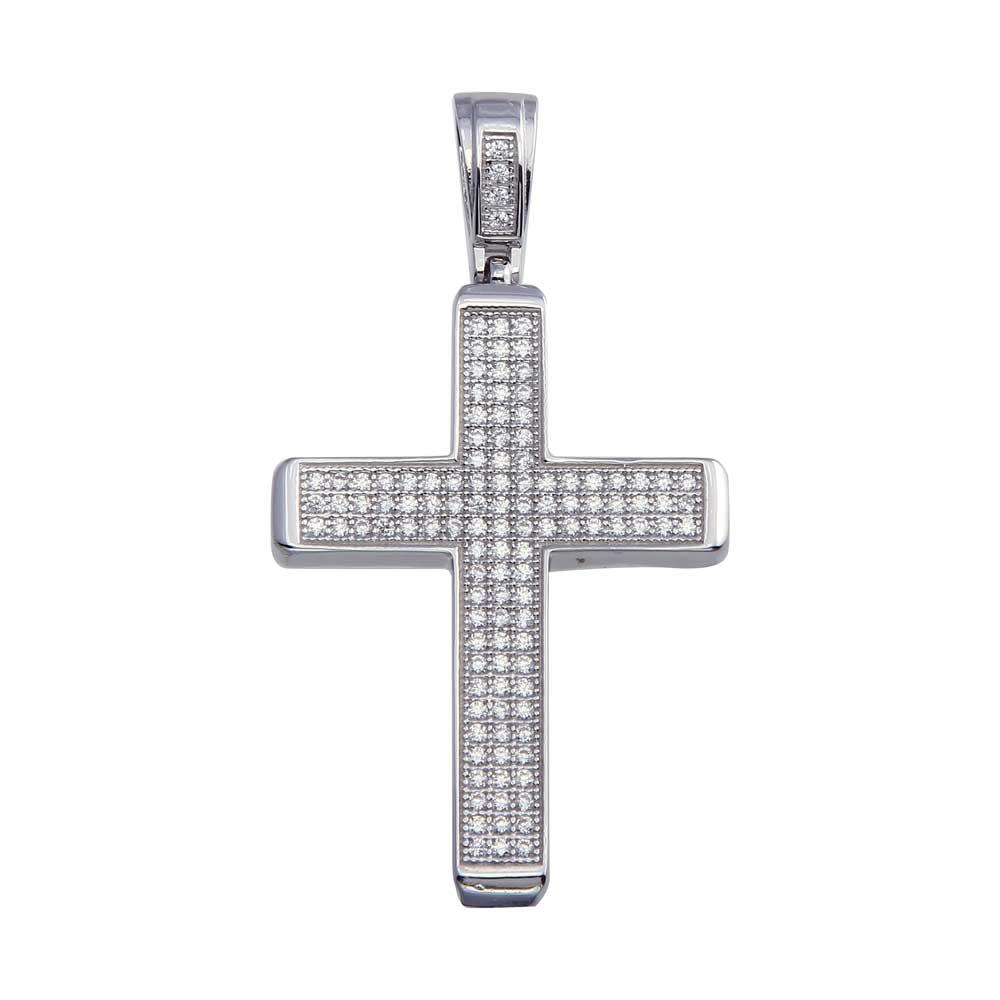 Rhodium Plated 925 Sterling Silver CZ Box Cross Hip Hop Pendant - SLP00077