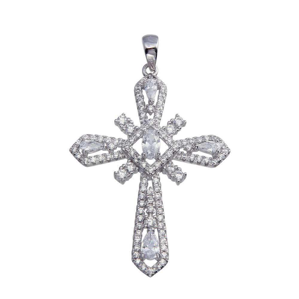 Rhodium Plated 925 Sterling Silver CZ Cross Hip Hop Pendant - SLP00078