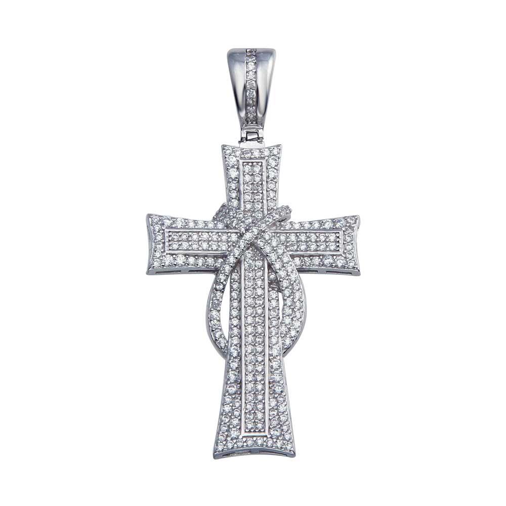 Rhodium Plated 925 Sterling Silver CZ Ribbon Cross Hip Hop Pendant - SLP00079