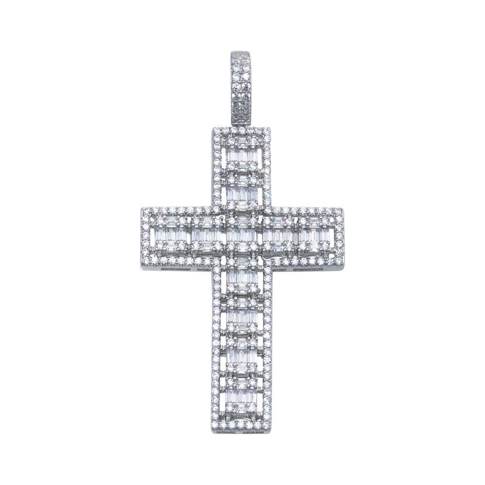 Rhodium Plated 925 Sterling Silver CZ Baguette Cross Hip Hop Pendant - SLP00080.