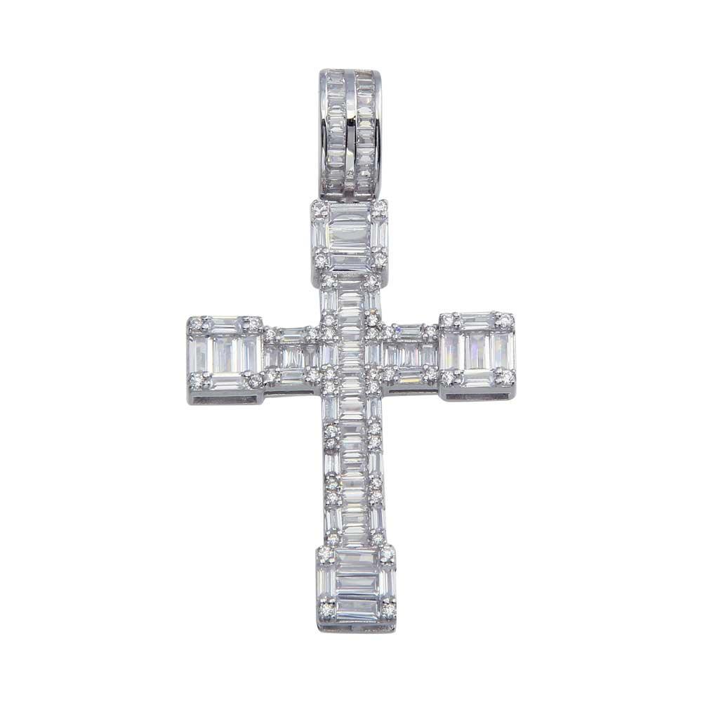 Rhodium Plated 925 Sterling Silver CZ Border Baguette Cross Hip Hop Pendant - SLP00081.