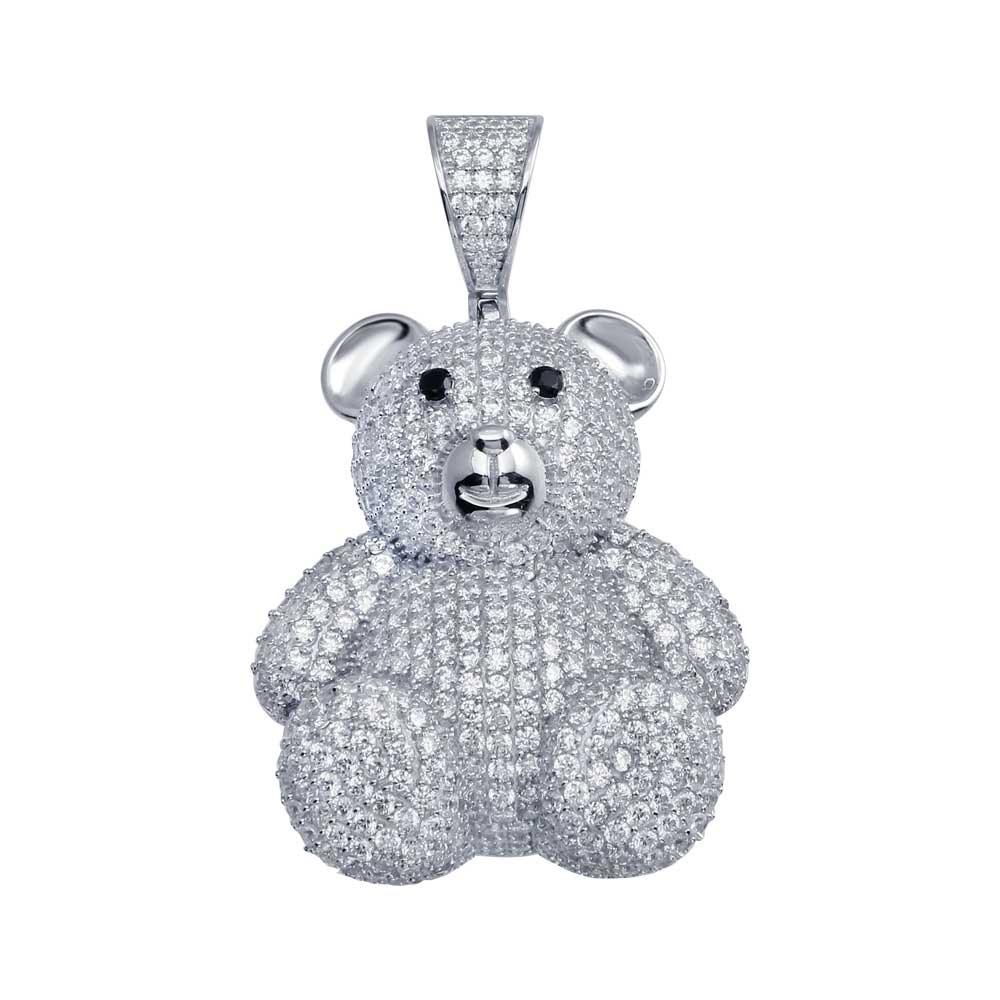 Rhodium Plated 925 Sterling Silver CZ Bear Hip Hop Pendant - SLP00083.