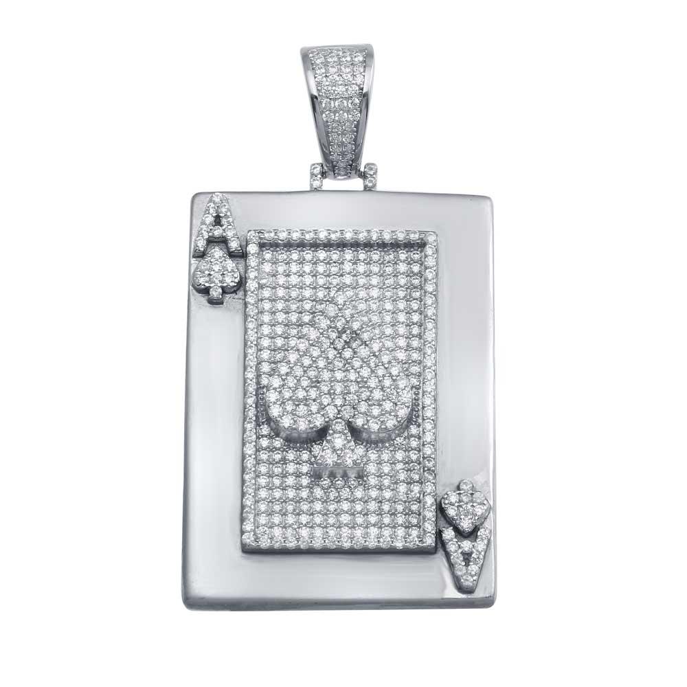 Rhodium Plated 925 Sterling Silver CZ Ace of Spade Hip Hop Pendant - SLP00084.