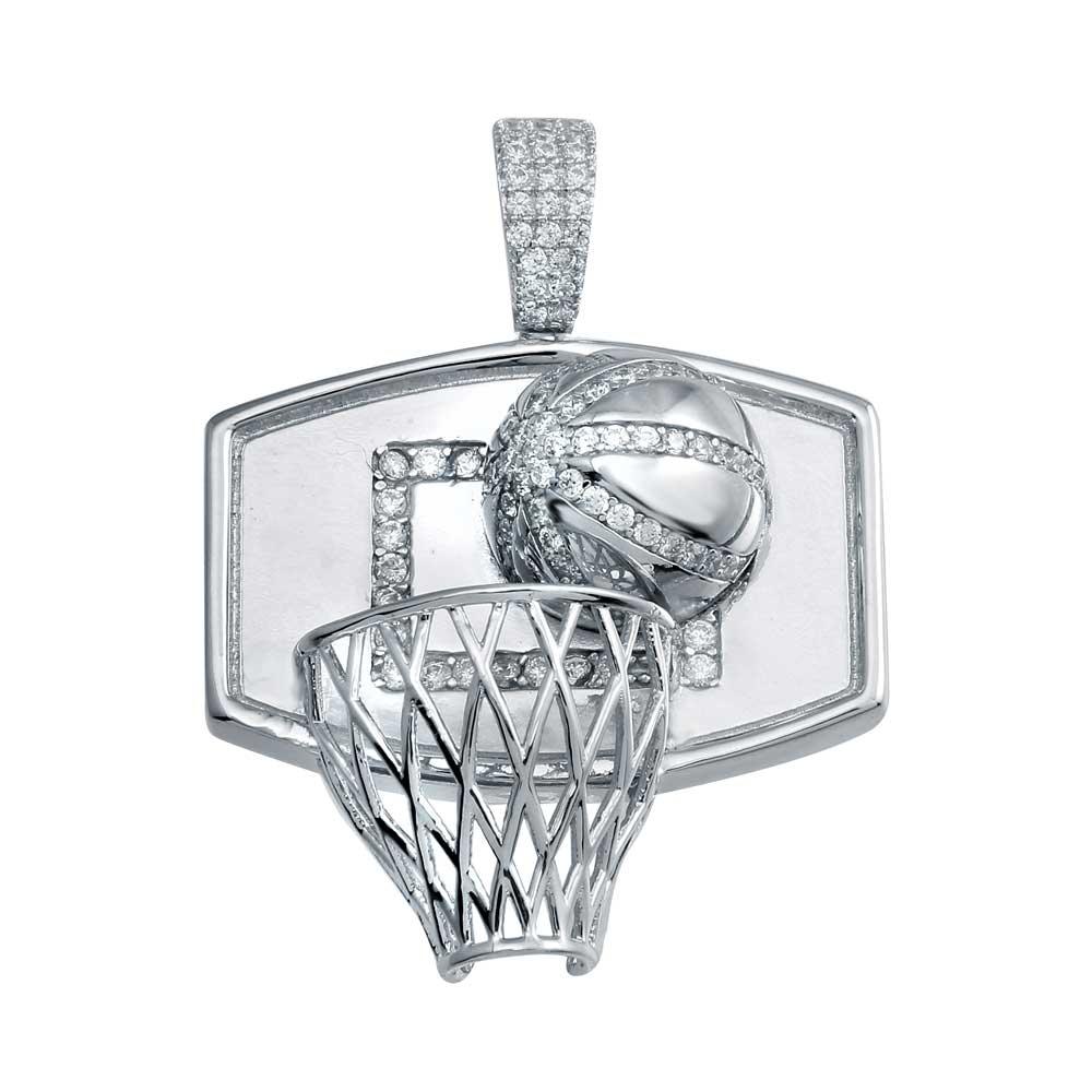 Rhodium Plated 925 Sterling Silver CZ Basketball Hoop Hip Hop Pendant - SLP00087.