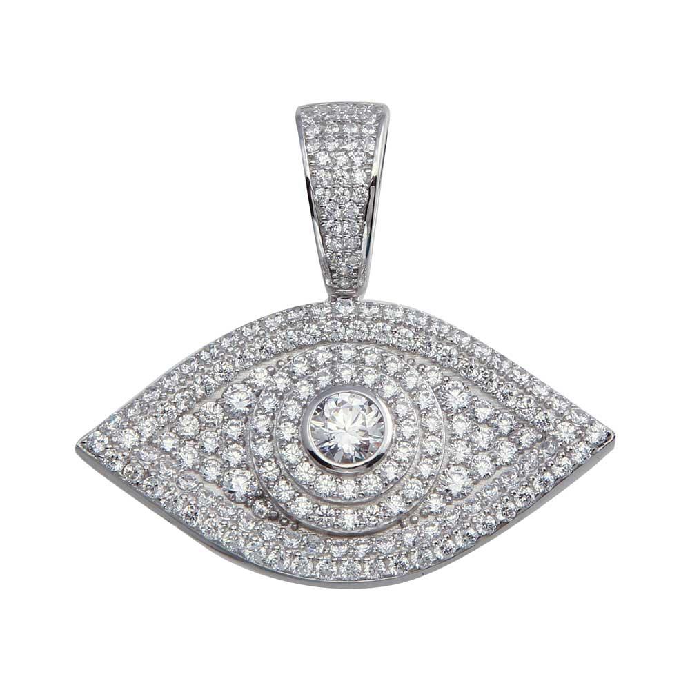 Rhodium Plated 925 Sterling Silver CZ Evil Eye Hip Hop Pendant - SLP00088.