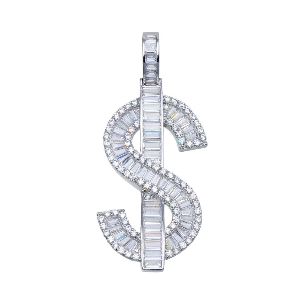 Rhodium Plated 925 Sterling Silver Dollar Sign Baguette CZ Hip Hop Pendant - SLP00092