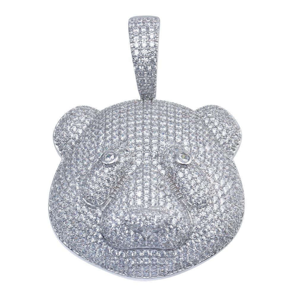 Rhodium Plated 925 Sterling Silver Bear Head Hip Hop Pendant - SLP00093