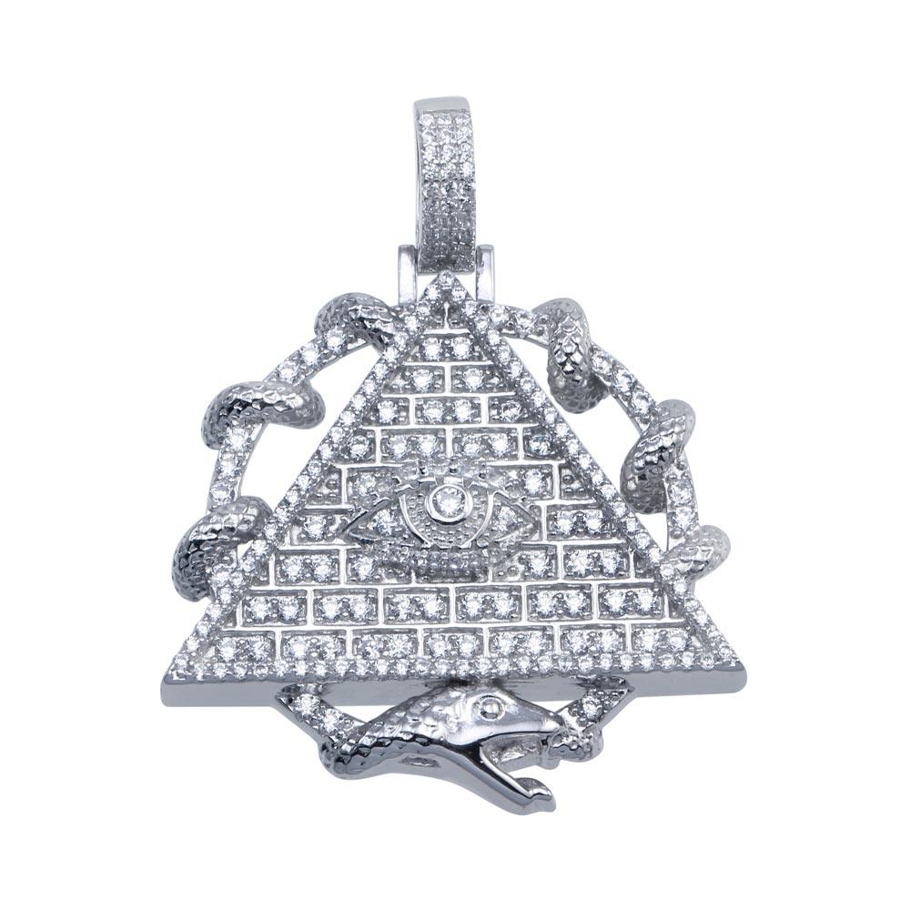 Rhodium Plated 925 Sterling Silver CZ Pyramid Eye Hip Hop Pendant - SLP00094