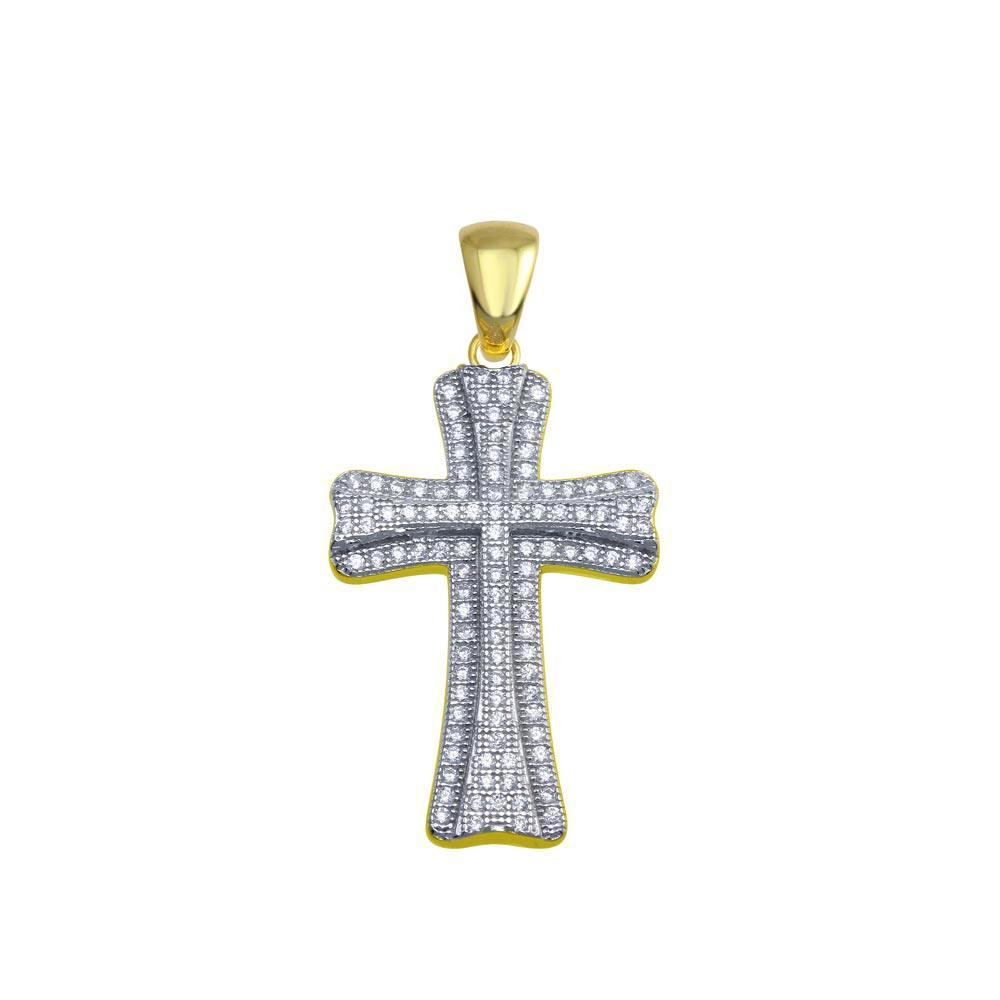 Gold Plated 925 Sterling Silver Small Double Cross CZ Hip Hop Pendant - SLP00095GP