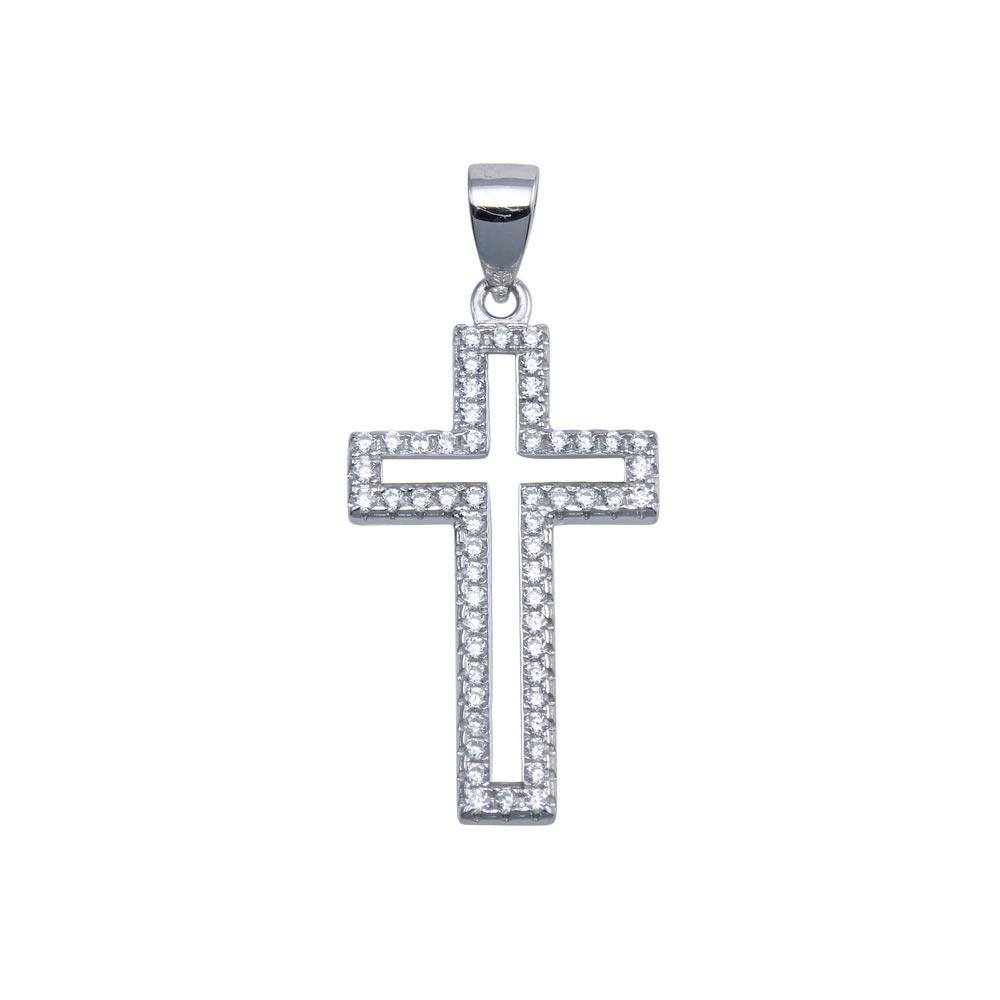 Rhodium Plated 925 Sterling Silver CZ Border Small Cross Hip Hop Pendant - SLP00096