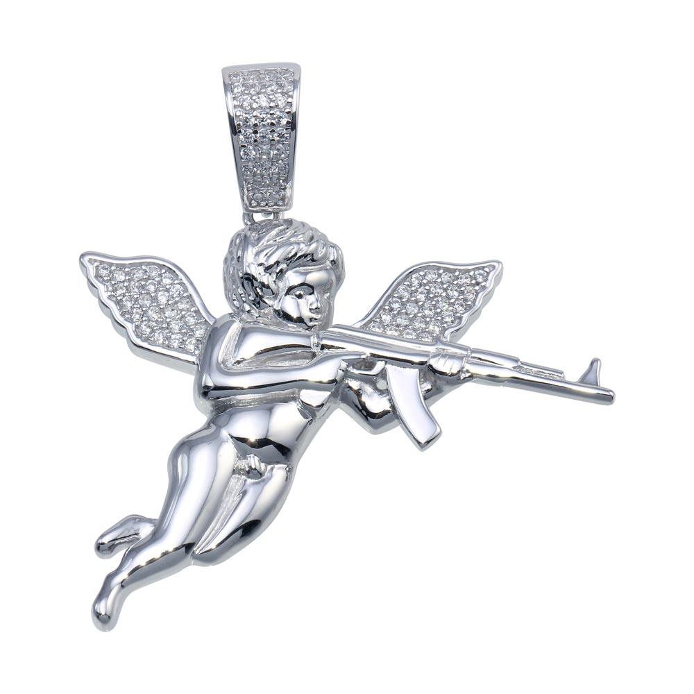 Rhodium Plated 925 Sterling Silver CZ AK Angel Hip Hop Pendant - SLP00097