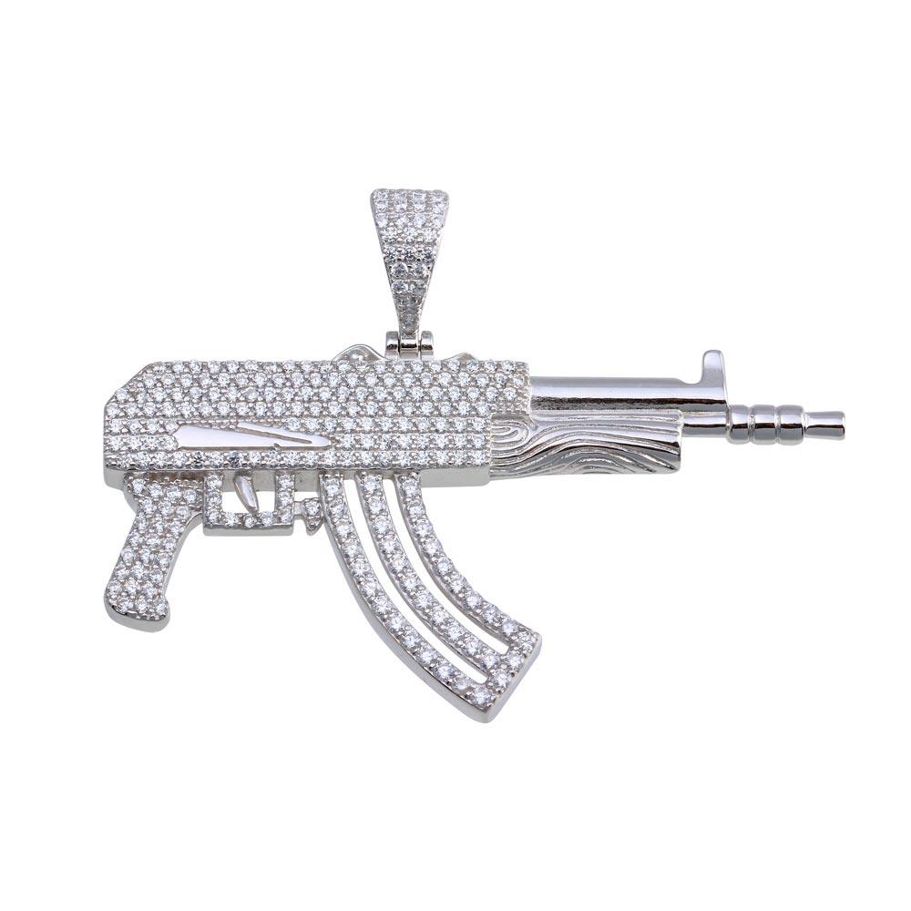 Rhodium Plated 925 Sterling Silver CZ Gun Hip Hop Pendant - SLP00098