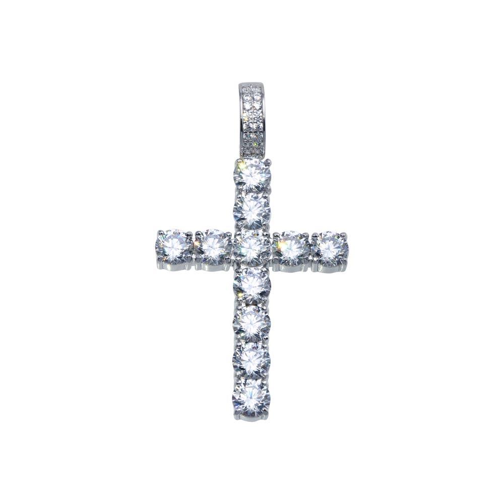 Rhodium Plated 925 Sterling Silver CZ Cross Hip Hop Pendant - SLP00099