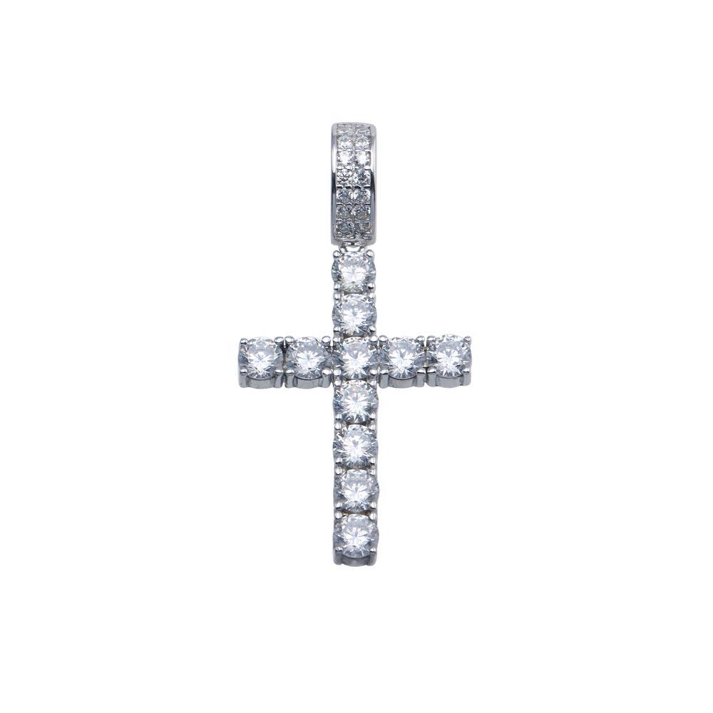 Rhodium Plated 925 Sterling Silver CZ Cross Hip Hop Pendant - SLP00100