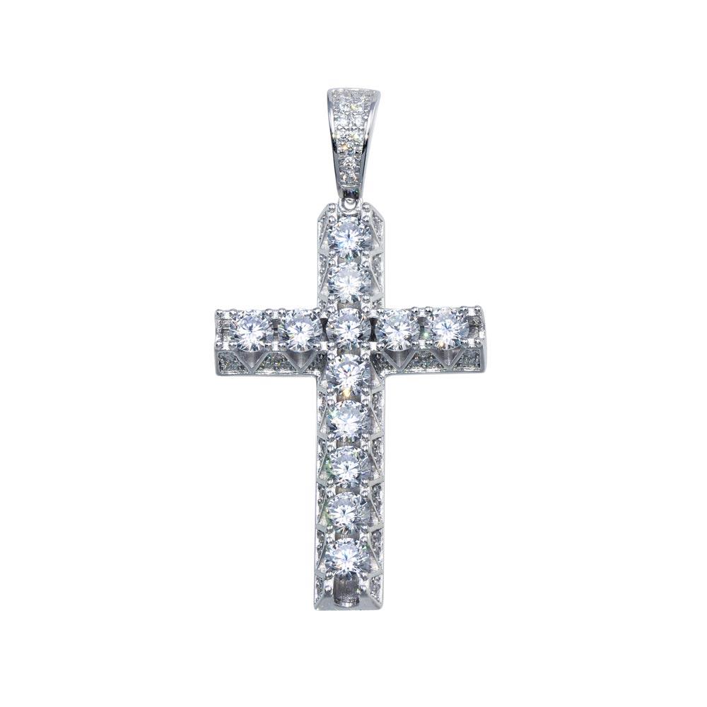 Rhodium Plated 925 Sterling Silver CZ Crown Set Cross Hip Hop Pendant - SLP00101