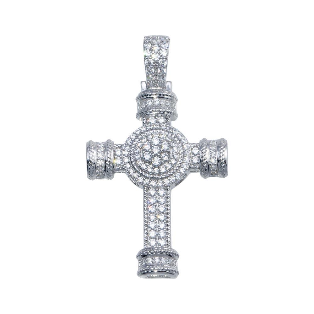 Rhodium Plated 925 Sterling Silver CZ Cross Hip Hop Pendant - SLP00103