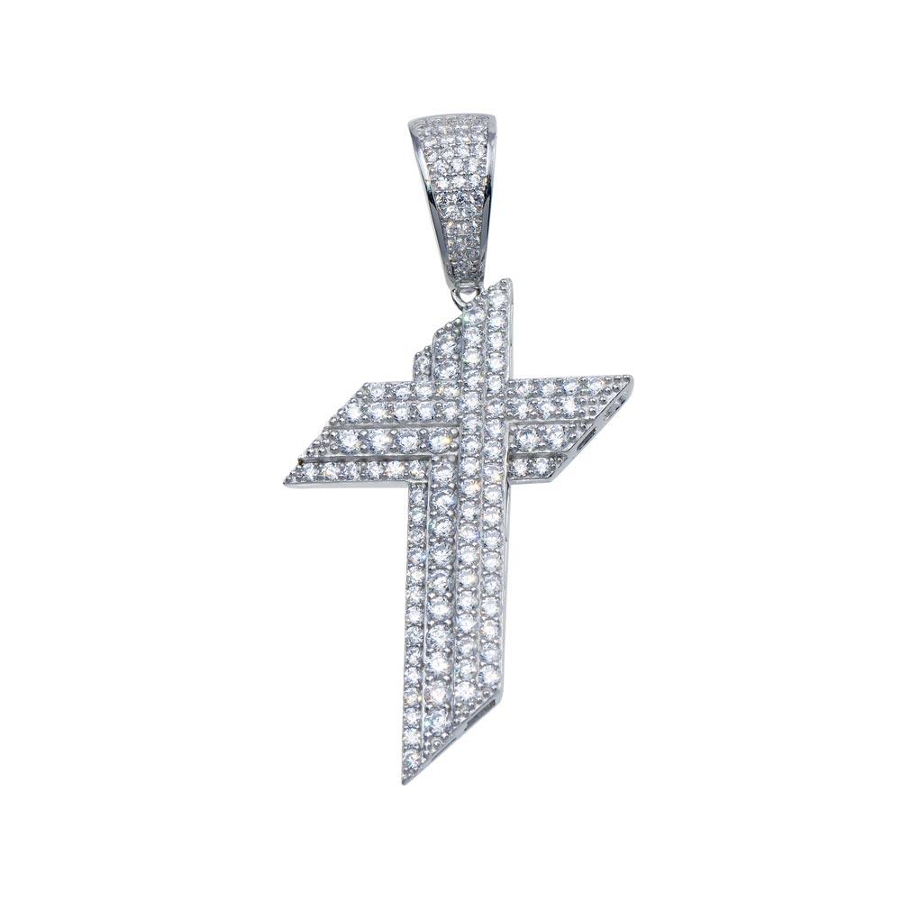 Rhodium Plated 925 Sterling Silver CZ Angled Cross Hip Hop Pendant - SLP00105