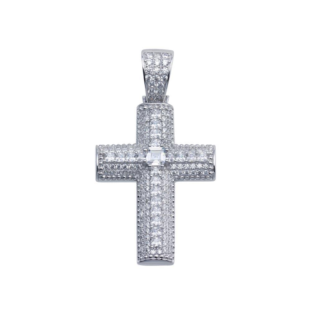 Rhodium Plated 925 Sterling Silver CZ Encrusted Cross Hip Hop Pendant - SLP00106